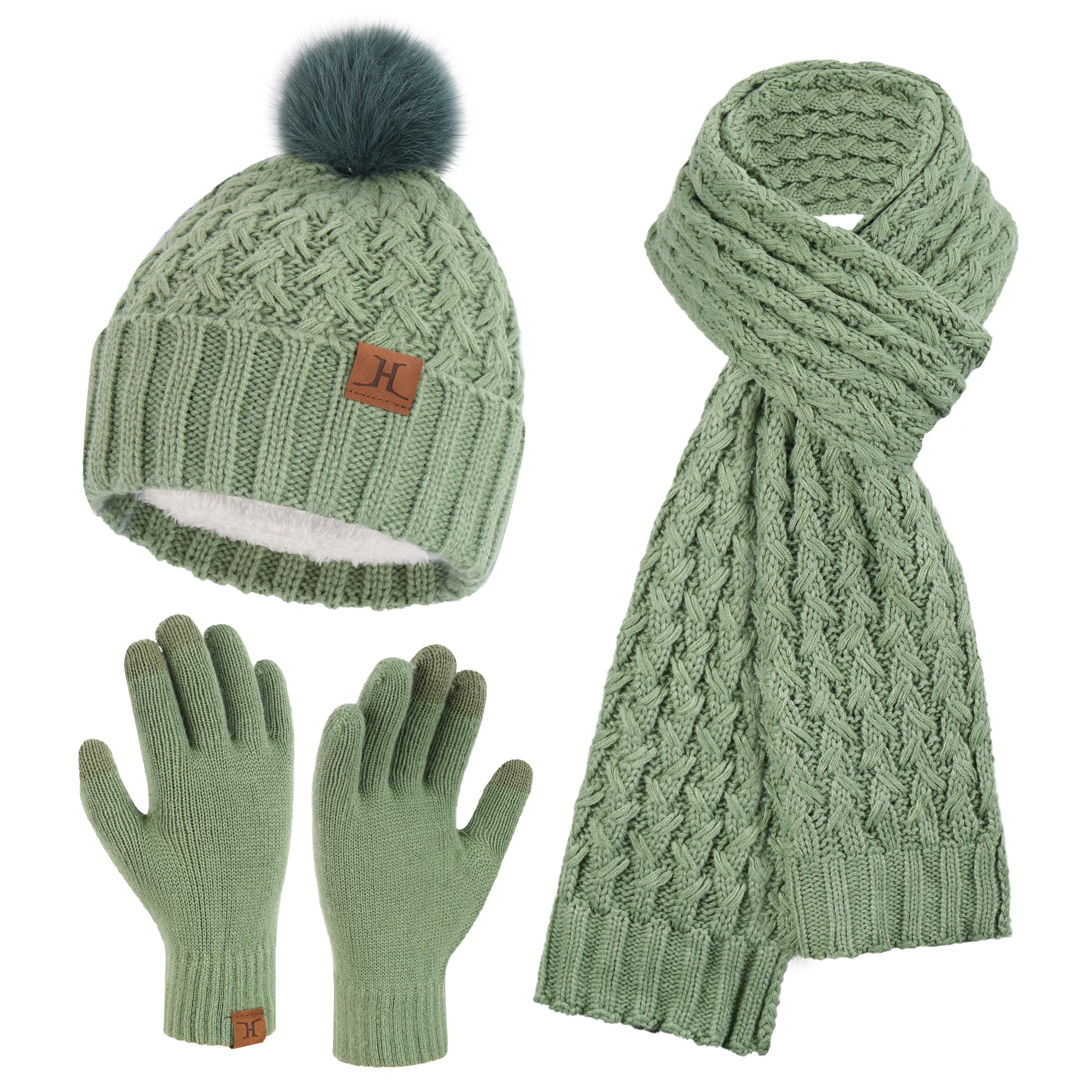Womens Winter Beanie Hat Touchscreen Gloves Long Neck Scarf Set Warm Knit Caps with Pom Fleece Gifts for Women